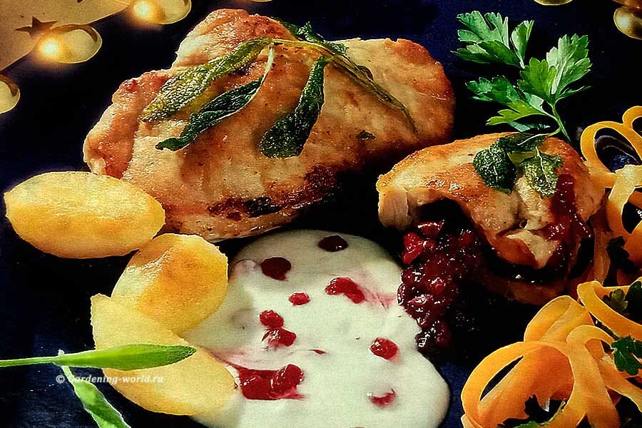 Свиные кармашки с карамелизированным луком и брусничным соусом