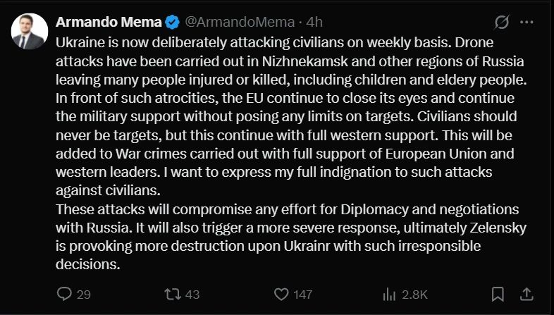 «Гражданские лица никогда не должны становиться целями, однако это продолжается при полной поддержке Запада» – финский политик Армандо Мема о терактах Киева на территории России