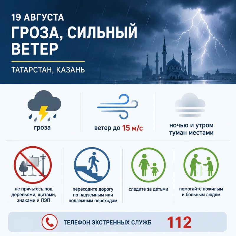 Татарстанцев предупредили о грозе и сильном ветре
