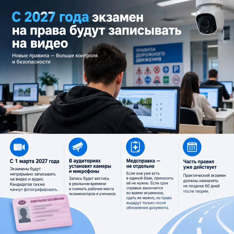 С 2027 года экзамен на права будут записывать на видео