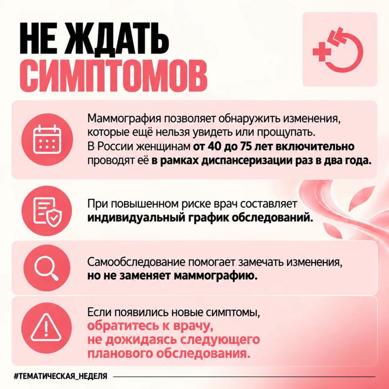 Хорошее самочувствие — не повод откладывать профилактическое обследование: ранние изменения в молочной железе часто нельзя увидеть или почувствовать Хорошее самочувствие — не повод откладывать профилактическое обследование: ранние изменения в молочной железе часто нельзя увидеть или почувствовать